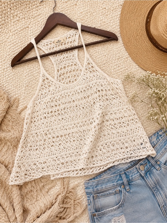 Hollister Tops - Hollister Cream Crochet Racerback Boho Tank Top Size Large